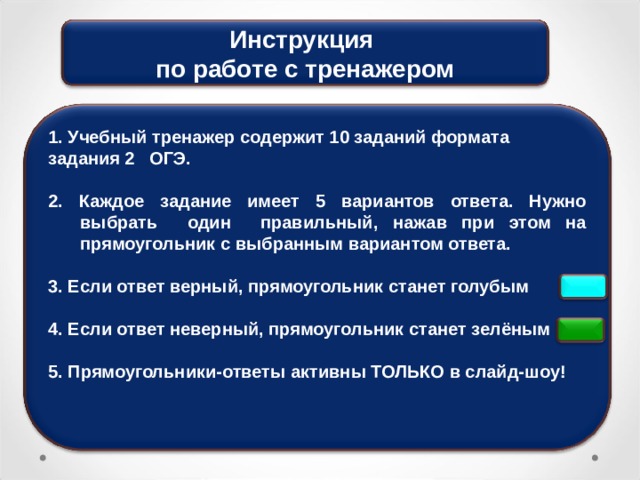 Инструкция по работе с тренажером 1. Учебный тренажер содержит 10 заданий формата задания 2 ОГЭ.  2. Каждое задание имеет 5 вариантов ответа. Нужно выбрать один правильный, нажав при этом на прямоугольник с выбранным вариантом ответа.  3. Если ответ верный, прямоугольник станет голубым  4. Если ответ неверный, прямоугольник станет зелёным  5. Прямоугольники-ответы активны ТОЛЬКО в слайд-шоу! 