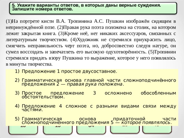 5. Укажите варианты ответов, в которых даны верные суждения. Запишите номера ответов.  (1)На портрете кисти В.А. Тропинина А.С. Пушкин изображён сидящим в непринуждённой позе. (2)Правая рука поэта положена на столик, на котором лежит закрытая книга. (3)Кроме неё, нет никаких аксессуаров, связанных с литературным творчеством. (4)Художник не стремился приукрасить лицо, смягчить неправильность черт поэта, но, добросовестно следуя натуре, он сумел воссоздать и запечатлеть его высокую одухотворённость. (5)Тропинин стремился придать взору Пушкина то выражение, которое у него появлялось в минуты творчества. Предложение 1 простое двусоставное.  Грамматическая основа главной части сложноподчинённого предложения 2 — правая рука положена .  Простое предложение 3 осложнено обособленным обстоятельством.  Предложение 4 сложное с разными видами связи между частями.  5)  Грамматическая основа придаточной части сложноподчинённого предложения 5 — которое появлялось . 45 25 34 13 15 