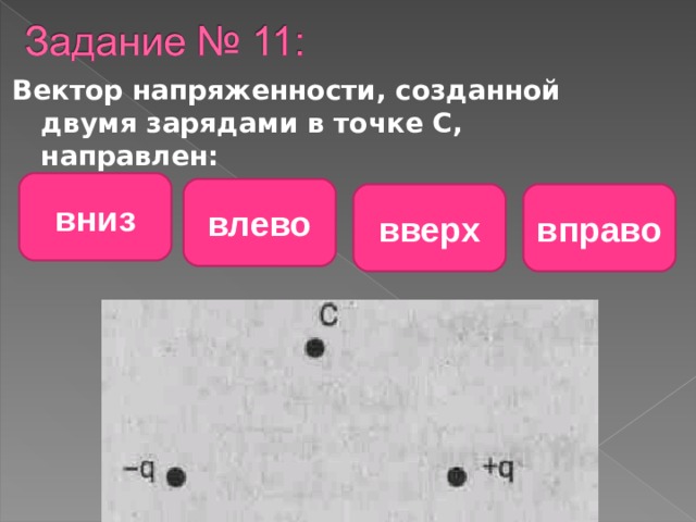 Вектор напряженности, созданной двумя зарядами в точке С, направлен: вниз влево вверх вправо 