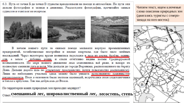 Читаем текст, ищем ключевые слова описания природных зон (двигались туристы с северо-запада на юго-восток) смешанный лес, широколиственный лес, лесостепь, степь 