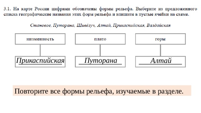 Прикаспийская Путорана Алтай Повторите все формы рельефа, изучаемые в разделе. 