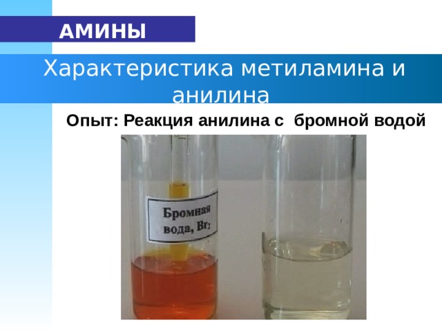   АМИНЫ  Характеристика метиламина и анилина Опыт: Реакция анилина с бромной водой 