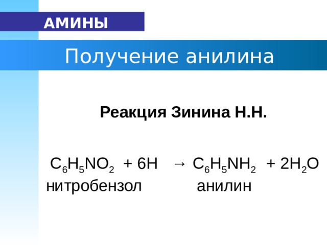   АМИНЫ   Получение анилина Реакция Зинина Н.Н. С 6 Н 5 NO 2   + 6H  → С 6 Н 5 NH 2  +  2H 2 O нитробензол анилин  