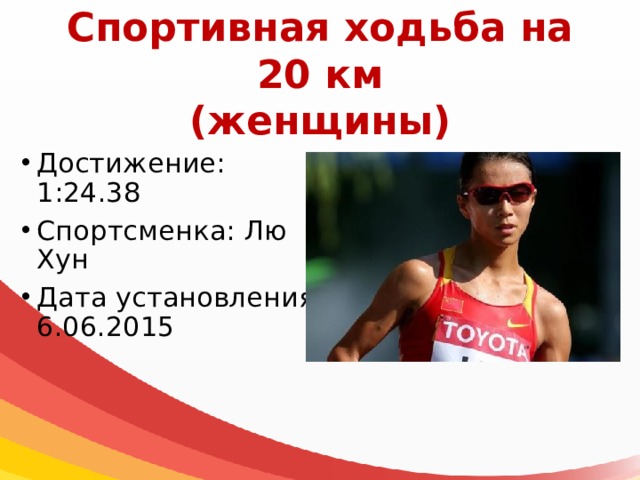 Спортивная ходьба на 20 км  (женщины) Достижение: 1:24.38 Спортсменка: Лю Хун Дата установления: 6.06.2015 