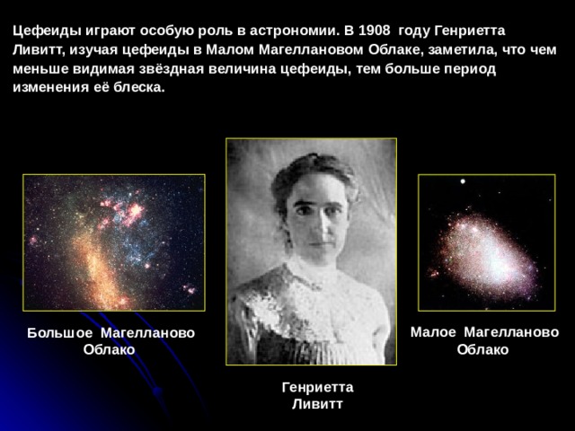 Цефеиды играют особую роль в астрономии. В 1908 году Генриетта Ливитт, изучая цефеиды в Малом Магеллановом Облаке, заметила, что чем меньше видимая звёздная величина цефеиды, тем больше период изменения её блеска. Малое  Магелланово Облако  Большое  Магелланово Облако  Генриетта Ливитт 