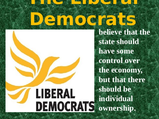 The Liberal Democrats believe that the state should have some control over the economy, but that there should be individual ownership. 