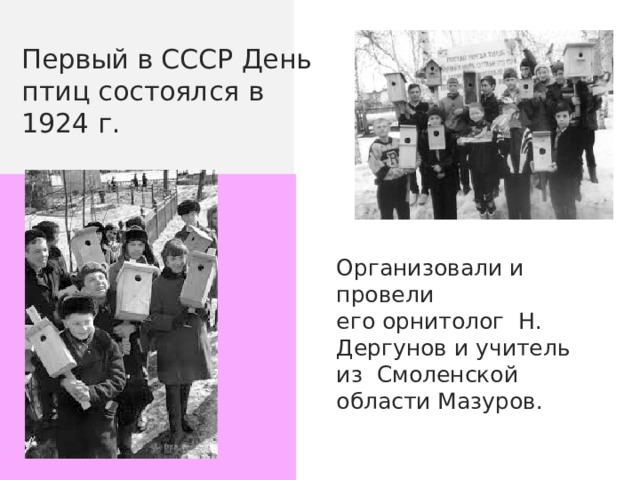 Первый в СССР День птиц состоялся в 1924 г. Организовали и провели его орнитолог Н. Дергунов и учитель из Смоленской области Мазуров. 