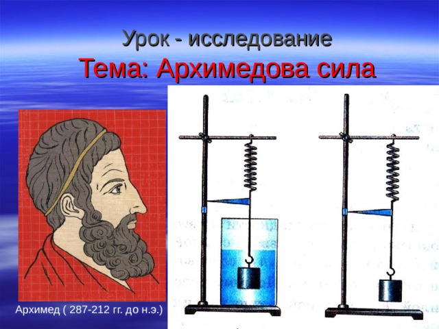 Урок - исследование  Тема: Архимедова сила Архимед ( 287-212 гг. до н.э.) 