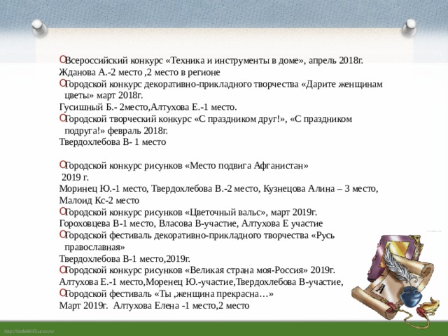 Всероссийский конкурс «Техника и инструменты в доме», апрель 2018г. Жданова А.-2 место ,2 место в регионе Городской конкурс декоративно-прикладного творчества «Дарите женщинам цветы» март 2018г. Гусишный Б.- 2место,Алтухова Е.-1 место. Городской творческий конкурс «С праздником друг!», «С праздником подруга!» февраль 2018г. Твердохлебова В- 1 место Городской конкурс рисунков «Место подвига Афганистан»  2019 г. Моринец Ю.-1 место, Твердохлебова В.-2 место, Кузнецова Алина – 3 место, Малоид Кс-2 место Городской конкурс рисунков «Цветочный вальс», март 2019г. Гороховцева В-1 место, Власова В-участие, Алтухова Е участие Городской фестиваль декоративно-прикладного творчества «Русь православная» Твердохлебова В-1 место,2019г. Городской конкурс рисунков «Великая страна моя-Россия» 2019г. Алтухова Е.-1 место,Моренец Ю.-участие,Твердохлебова В-участие, Городской фестиваль «Ты ,женщина прекрасна…» Март 2019г. Алтухова Елена -1 место,2 место 