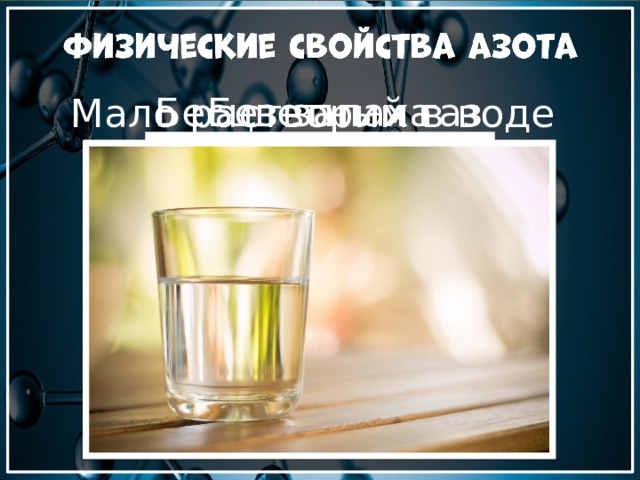 Бесцветный газ Без запаха Мало растворим в воде 