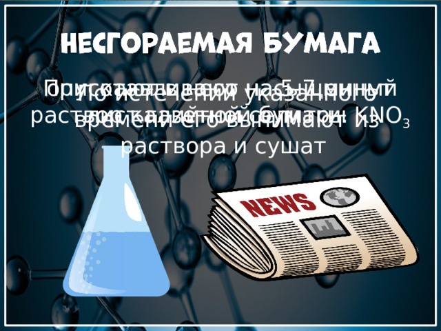 Приготавливают насыщенный раствор калийной селитры KNO 3 опускают в него на 5-7 минут лист газетной бумаги. По истечении указанного времени его вынимают из раствора и сушат 