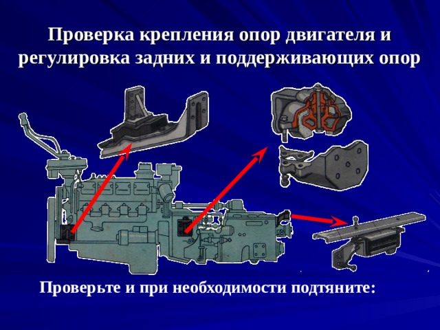 Проверка крепления опор двигателя и регулировка задних и поддерживающих опор Проверьте и при необходимости подтяните: 