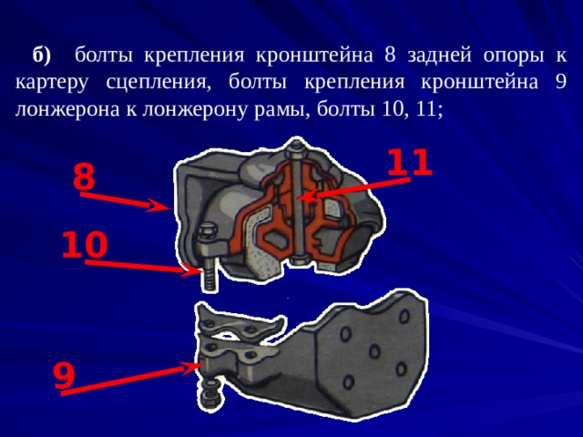 б) болты крепления кронштейна 8 задней опоры к картеру сцепления, болты крепления кронштейна 9 лонжерона к лонжерону рамы, болты 10, 11; 11 8 10 9 