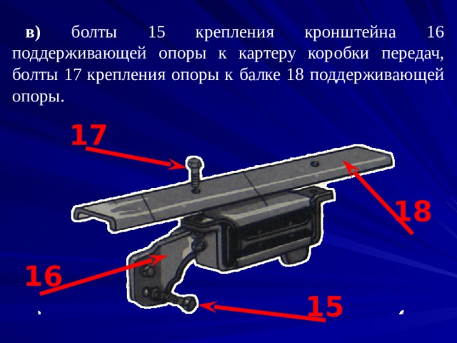в) болты 15 крепления кронштейна 16 поддерживающей опоры к картеру коробки передач, болты 17 крепления опоры к балке 18 поддерживающей опоры. 17 18 16 15 