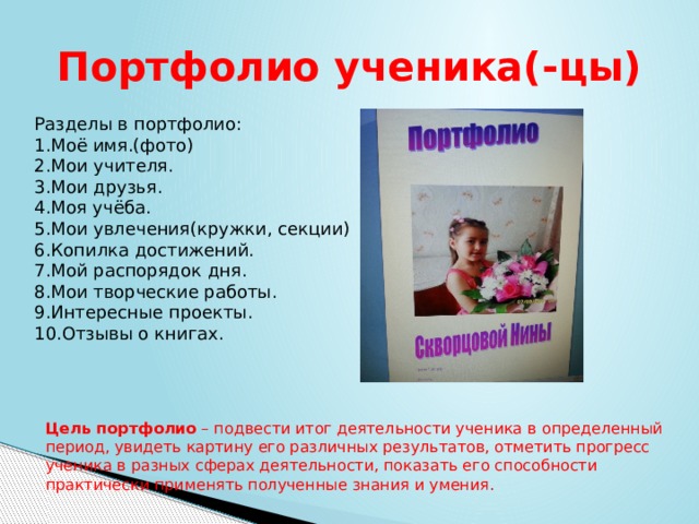 Портфолио ученика(-цы) Разделы в портфолио: 1.Моё имя.(фото) 2.Мои учителя. 3.Мои друзья. 4.Моя учёба. 5.Мои увлечения(кружки, секции) 6.Копилка достижений. 7.Мой распорядок дня. 8.Мои творческие работы. 9.Интересные проекты. 10.Отзывы о книгах. Цель портфолио  – подвести итог деятельности ученика в определенный период, увидеть картину его различных результатов, отметить прогресс ученика в разных сферах деятельности, показать его способности практически применять полученные знания и умения. 