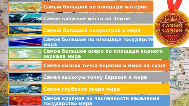 Самый большой по площади материк Самое влажное место на Земле Самый большой полуостров в мире Самое большое по площади государство мира Самое большое озеро по площади водного зеркала мира Самая низкая точка Евразии и мира на суше Самая высокую точку Евразии и мира Самое глубокое озеро мира Самое крупное по численности населения государство мира 