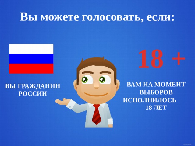 Вы можете голосовать, если: 18 + ВАМ НА МОМЕНТ ВЫБОРОВ ИСПОЛНИЛОСЬ 18 ЛЕТ ВЫ ГРАЖДАНИН РОССИИ 