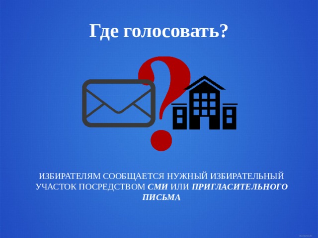 Где голосовать? ИЗБИРАТЕЛЯМ СООБЩАЕТСЯ НУЖНЫЙ ИЗБИРАТЕЛЬНЫЙ УЧАСТОК ПОСРЕДСТВОМ СМИ ИЛИ ПРИГЛАСИТЕЛЬНОГО ПИСЬМА 