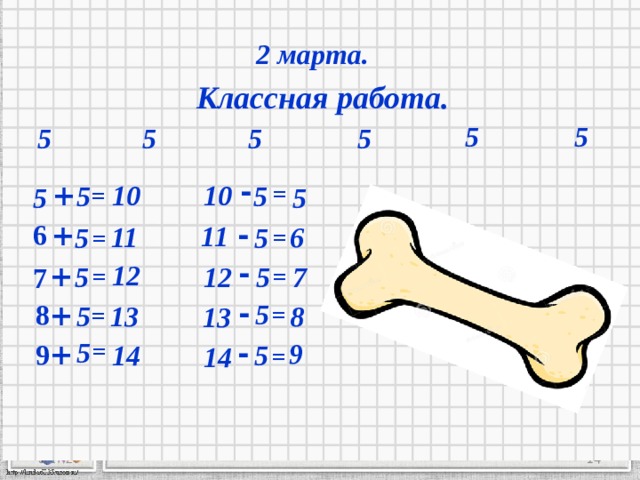 2 марта. Классная работа. 5 5 5 5 5 5 - 10 10 + 5 = 5 5 5 = 6 + - 11 6 11 5 5 = = - 12 + 7 12 5 5 7 = = - 8 5 + 5 13 8 13 = = 5 9 - = + 9 5 14 14 =  3/17/20 