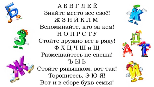   А Б В Г Д Е Ё  Знайте место все своё!  Ж З И Й К Л М   Вспоминайте, кто за кем!  Н О П Р С Т У  Стойте дружно все в ряду!  Ф Х Ц Ч Ш и Щ  Размещайтесь не спеша!  Ъ Ы Ь  Стойте рядышком, вот так!  Торопитесь, Э Ю Я!  Вот и в сборе букв семья!