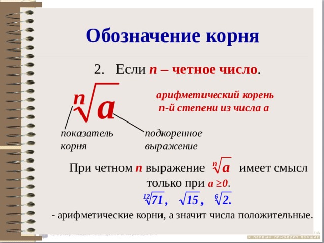 Кубический корень равен. Обозначение корня степени n. Подкоренное выражение и показатель корня. Корень степени обозначение. Корень н степени из числа а.