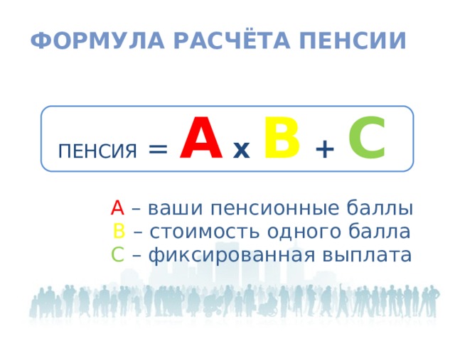 ФОРМУЛА РАСЧЁТА ПЕНСИИ Пенсия = А х В + С  А  – ваши пенсионные баллы  В  – стоимость одного балла  С  – фиксированная выплата 