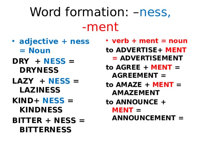 Word formation ness. Ness в английском языке. Ness суффикс в английском.