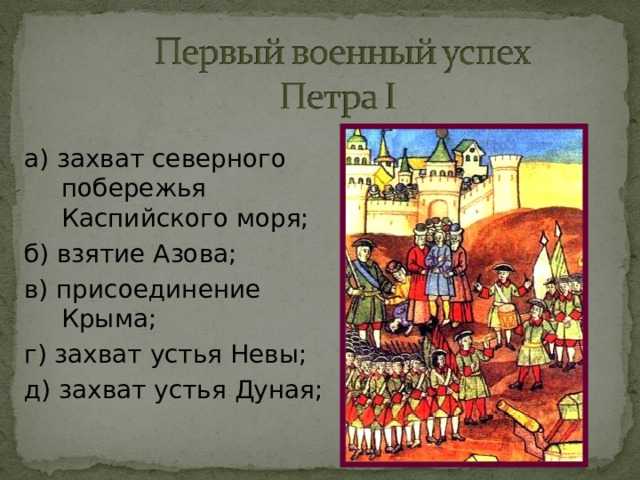 а) захват северного побережья Каспийского моря; б) взятие Азова; в) присоединение Крыма; г) захват устья Невы; д) захват устья Дуная; 