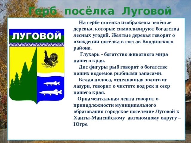 Погода рп5 в междуреченском хмао. Герб деревни. Пгт Луговой ХМАО. Герб Кондинского района. Пгт Луговой Кондинский район ХМАО.