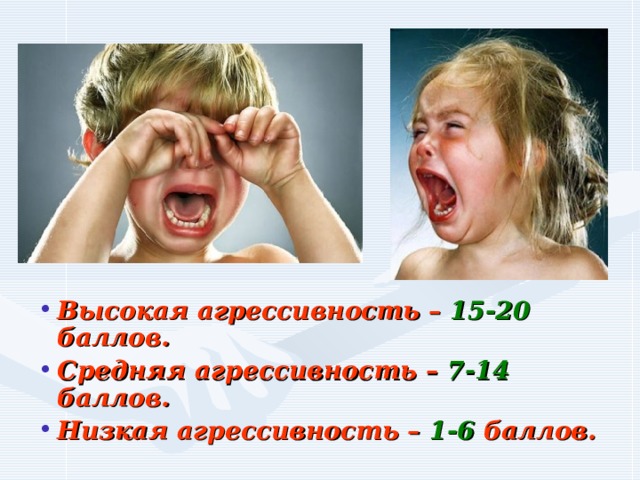 Высокая агрессивность – 15-20 баллов. Средняя агрессивность – 7-14 баллов. Низкая агрессивность – 1-6 баллов. 