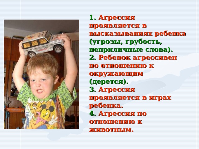  1. Агрессия проявляется в высказываниях ребенка (угрозы, грубость, неприличные слова).   2. Ребенок агрессивен по отношению к окружающим (дерется).   3. Агрессия проявляется в играх ребенка.   4. Агрессия по отношению к животным. 