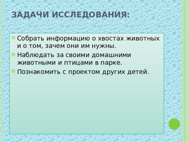 Задачи исследования:   Собрать информацию о хвостах животных и о том, зачем они им нужны. Наблюдать за своими домашними животными и птицами в парке. Познакомить с проектом других детей. 
