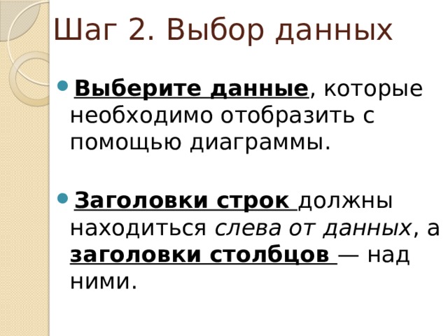 Шаг 2. Выбор данных Выберите данные , которые необходимо отобразить с помощью диаграммы. Заголовки строк должны находиться слева от данных , а заголовки столбцов  — над ними. 