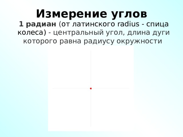 Измерение углов 1   радиан ( от латинского radius - спица колеса)  - центральный угол, длина дуги которого равна радиусу окружности  