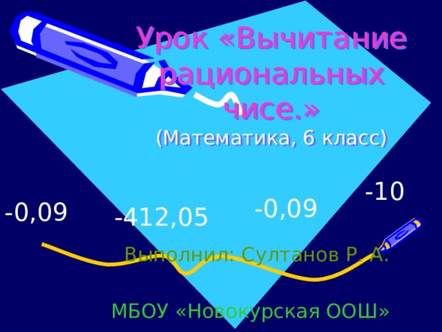 Урок «Вычитание рациональных чисе.»  (Математика, 6 класс)  -412,05 -10  -0,09 -0,09  Выполнил: Султанов Р. А. МБОУ «Новокурская ООШ» 
