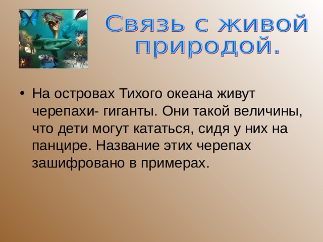 На островах Тихого океана живут черепахи- гиганты. Они такой величины, что дети могут кататься, сидя у них на панцире. Название этих черепах зашифровано в примерах.  