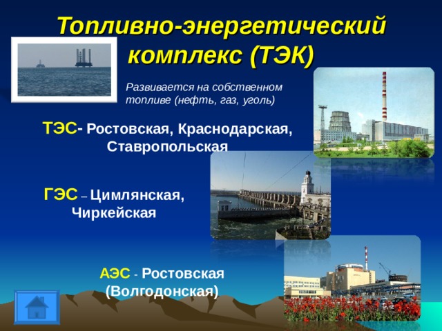 Топливно-энергетический комплекс (ТЭК) Развивается на собственном топливе (нефть, газ, уголь) ТЭС -  Ростовская, Краснодарская, Ставропольская ГЭС  – Цимлянская, Чиркейская АЭС  - Ростовская (Волгодонская) 