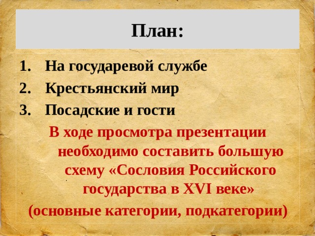 План: На государевой службе Крестьянский мир Посадские и гости В ходе просмотра презентации необходимо составить большую схему «Сословия Российского государства в XVI веке» (основные категории, подкатегории) 