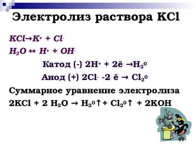Электролиз раствора KCl KCl→K + + Cl - H 2 O ↔ H + + O Н - Катод (-) 2Н + + 2 ē →Н 2 0 Анод (+) 2С l - -2 ē → Cl 2 0 C уммарное уравнение электролиза 2KCl + 2 H 2 O → Н 2 0 ↑+ Cl 2 0 ↑ + 2KOH