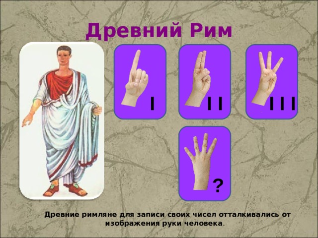 Древний Рим  I I I I I I ? ?  Древние римляне для записи своих чисел отталкивались от изображения руки человека . 