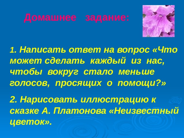 Домашнее задание:  1 . Написать ответ на вопрос «Что может сделать каждый из нас, чтобы вокруг стало меньше голосов, просящих о помощи?» 2. Нарисовать иллюстрацию к сказке А. Платонова «Неизвестный цветок».