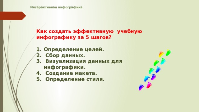 Интерактивная инфографика    Как создать эффективную учебную инфографику за 5 шагов?  Определение целей.  Сбор данных.  Визуализация данных для инфографики.  Создание макета.  Определение стиля.   