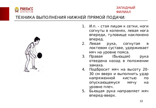 ЗАПАДНЫЙ ФИЛИАЛ ТЕХНИКА ВЫПОЛНЕНИЯ НИЖНЕЙ ПРЯМОЙ ПОДАЧИ: И.п. – стоя лицом к сетки, ноги согнуты в коленях, левая нога впереди, туловище наклонено вперед. Левая рука, согнутая в локтевом суставе, удерживает мяч на уровне пояса. Правая (бьющая) рука отведена назад в положении замаха. Подбросит мяч на высоту 20-30 см вверх и выполнить удар напряженной кистью по опускающемуся мячу на уровне плеч. Бьющая рука направляет мяч вперед-вверх.  