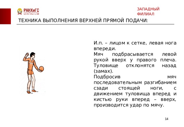 ЗАПАДНЫЙ ФИЛИАЛ ТЕХНИКА ВЫПОЛНЕНИЯ ВЕРХНЕЙ ПРЯМОЙ ПОДАЧИ: И.п. – лицом к сетке, левая нога впереди. Мяч подбрасывается левой рукой вверх у правого плеча. Туловище отклонятся назад (замах). Подбросив мяч последовательным разгибанием сзади стоящей ноги, с движением туловища вперед и кистью руки вперед – вверх, производится удар по мячу.  