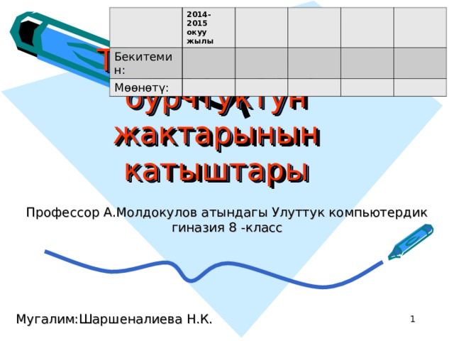 Бекитемин: 2014-2015 окуу жылы Мөөнөтү: Тик бурчтуу үч бурчтуктун жактарынын катыштары Профессор А.Молдокулов атындагы Улуттук компьютердик гиназия 8 -класс Мугалим:Шаршеналиева Н.К.   