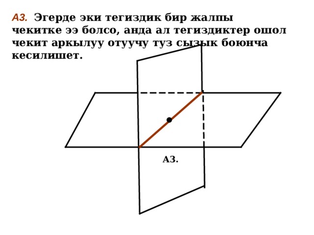А3.  Эгерде эки тегиздик бир жалпы чекитке ээ болсо, анда ал тегиздиктер ошол чекит аркылуу отуучу туз сызык боюнча кесилишет.  А3. 