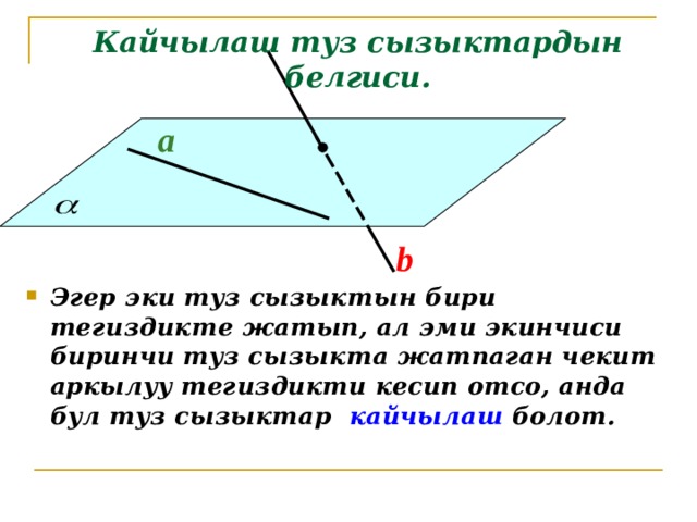 Кайчылаш туз сызыктардын белгиси. a b Эгер эки туз сызыктын бири тегиздикте жатып, ал эми экинчиси биринчи туз сызыкта жатпаган чекит аркылуу тегиздикти кесип отсо, анда бул туз сызыктар кайчылаш болот. 