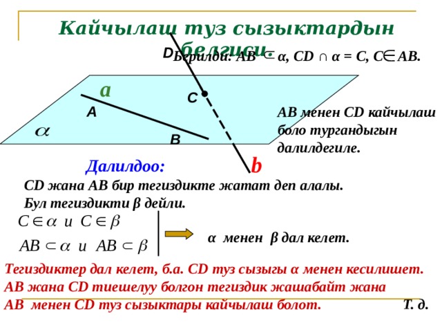 Кайчылаш туз сызыктардын белгиси. D Берилди: АВ α , С D ∩ α = С, С АВ.  a С А АВ менен С D кайчылаш боло тургандыгын далилдегиле. В b Далилдоо: С D жана АВ бир тегиздикте жатат деп алалы. Бул тегиздикти β дейли. α  менен β дал келет. Тегиздиктер дал келет, б.а. С D туз сызыгы α менен кесилишет . АВ жана С D тиешелуу болгон тегиздик жашабайт жана АВ менен С D туз сызыктары кайчылаш болот .  Т. д. 