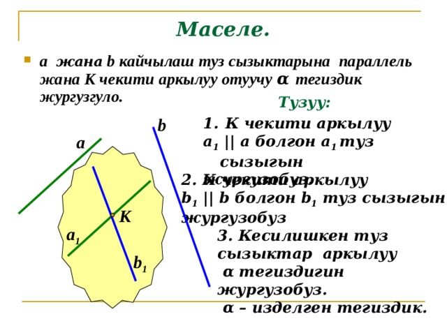 Маселе. а жана  b кайчылаш туз сызыктарына параллель жана К чекити аркылуу отуучу α  тегиздик жургузгуло. Тузуу:  К чекити аркылуу b а 1  || а болгон а 1 туз сызыгын жургузобуз. а 2. К чекити аркылуу b 1  ||  b болгон b 1 туз сызыгын жургузобуз К а 1 3 . Кесилишкен туз сызыктар аркылуу  α тегиздигин жургузобуз.  α – изделген тегиздик. b 1 