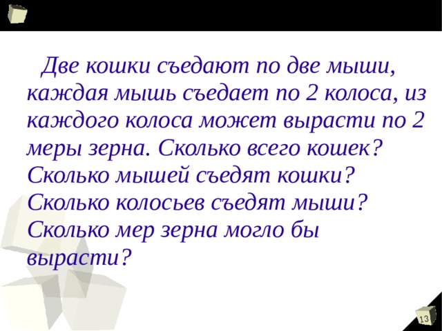   Две кошки съедают по две мыши, каждая мышь съедает по 2 колоса, из каждого колоса может вырасти по 2 меры зерна. Сколько всего кошек? Сколько мышей съедят кошки? Сколько колосьев съедят мыши? Сколько мер зерна могло бы вырасти? 